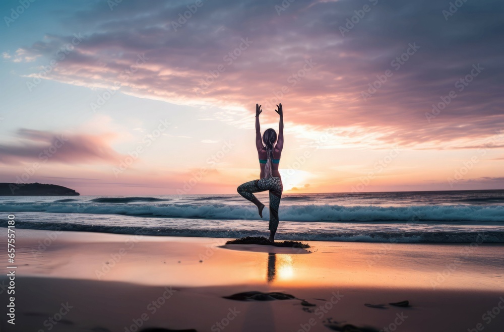 Yoga woman beach sunset energy. Balance healthy. Generate Ai