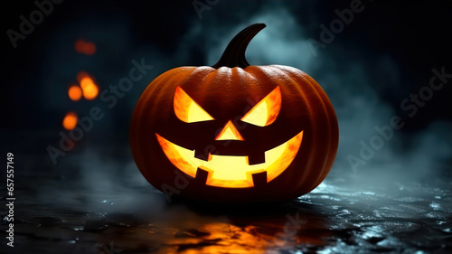Halloween pumpkin head jack o lantern on dark toned foggy background