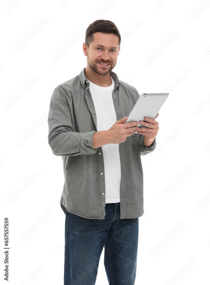 Happy man with tablet on white background