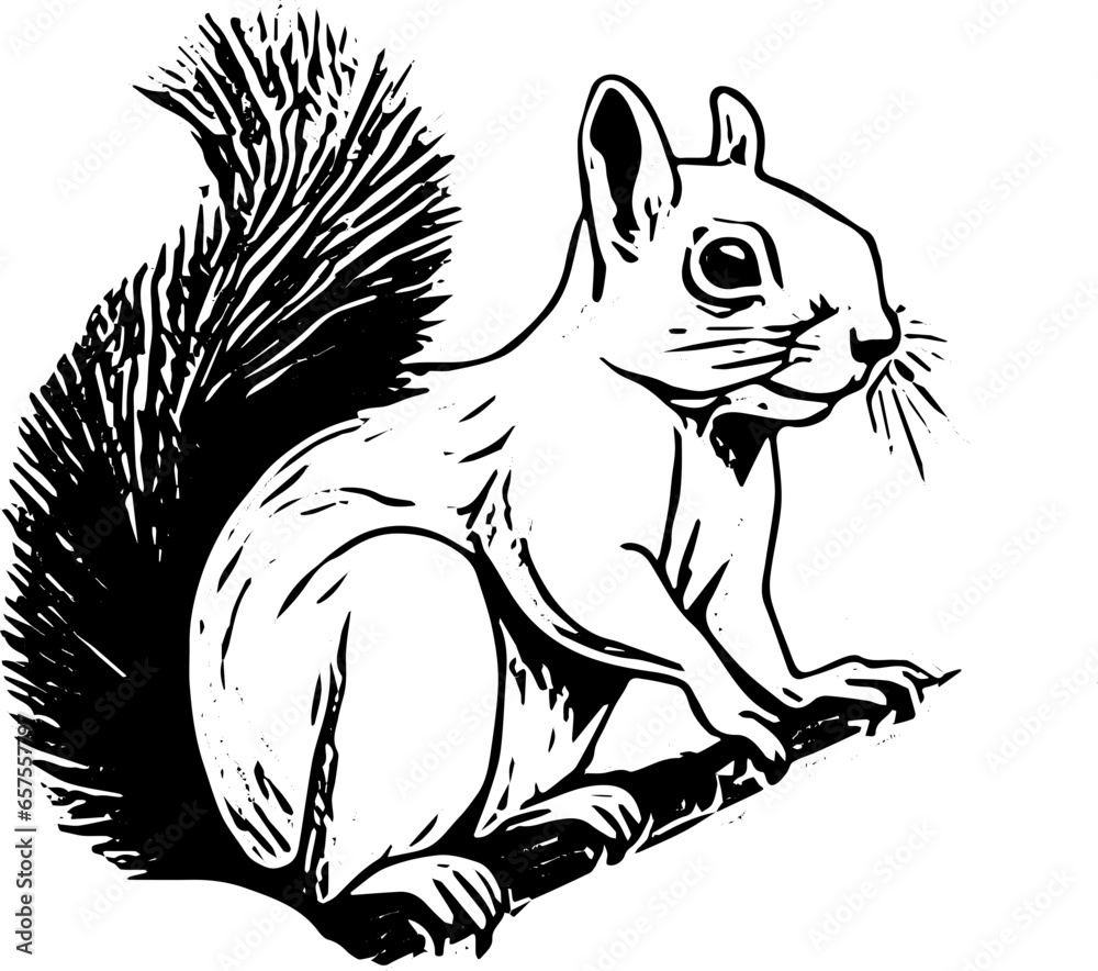 Squirrel on a tree | Squirrel vector illustration black and white | Silhouette of a squirrel