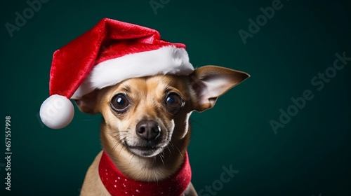 Chihuahua wearing a santa claus hat with green background. Generated with ai. © Andreas
