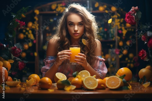 Young woman drinking juice vitamin. Healthy shake. Generate Ai photo