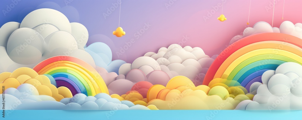 Abstract wallpaper of rainbow with clouds like baloons, pastel kids panorama banner. Generative Ai.