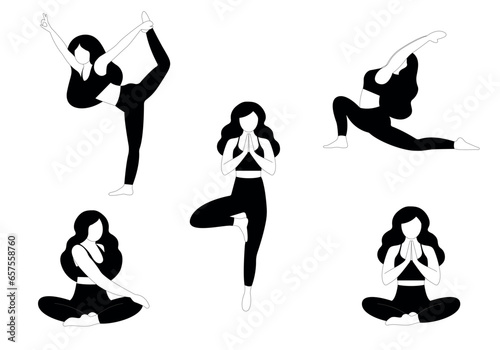 Different asanas. Vector yoga illustration. Yoga set. Different asanas for health and body relaxation. Healthy lifestyle. Collection of female cartoon characters demonstrating various yoga positions.