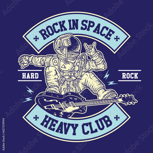 Hand Drawing Vector Illustration Astronaut Guitar Surfing In Space Patch Emblem Badge Vector Design
