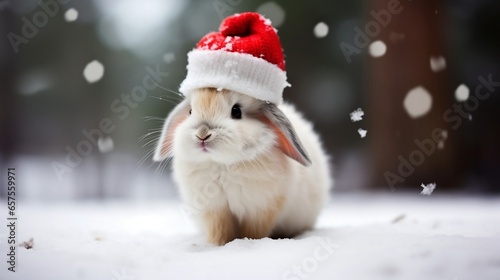 Cute bunny wearing a santa claus hat in the snow. Generated with ai.