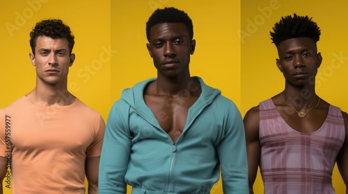 Challenge traditional notions of manhood with images of stylish metrosexuals who redefine masculinity through self-care and fashion. vibrant colors, minimalist backdrop. photo