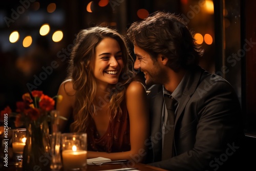 Couple en plein c  lin dans un restaurant qui se regarde en   tant amoureux durant un date de Saint-Valentin