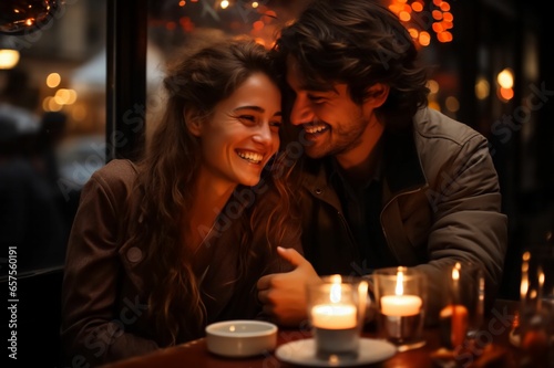 Couple en plein câlin dans un restaurant qui se regarde en étant amoureux durant un date de Saint-Valentin