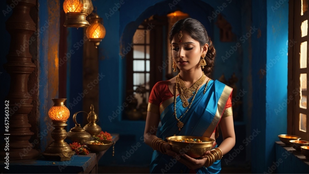 Beautiful Indian woman in Blue traditional saree