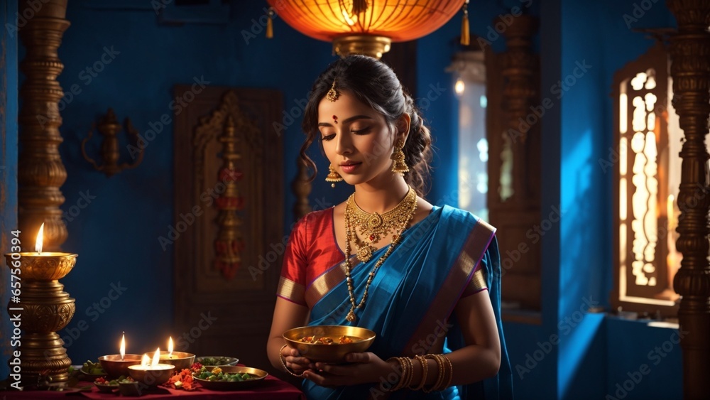 Beautiful indian woman in Blue traditional saree Stock Photo | Adobe Stock