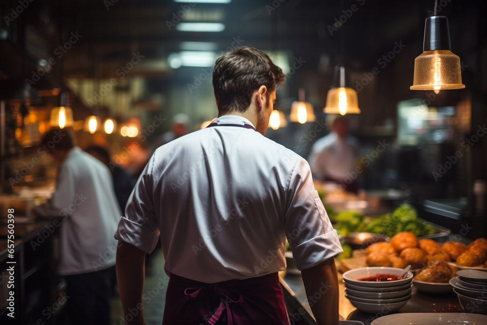 Head of Chef from behind checking food preparation