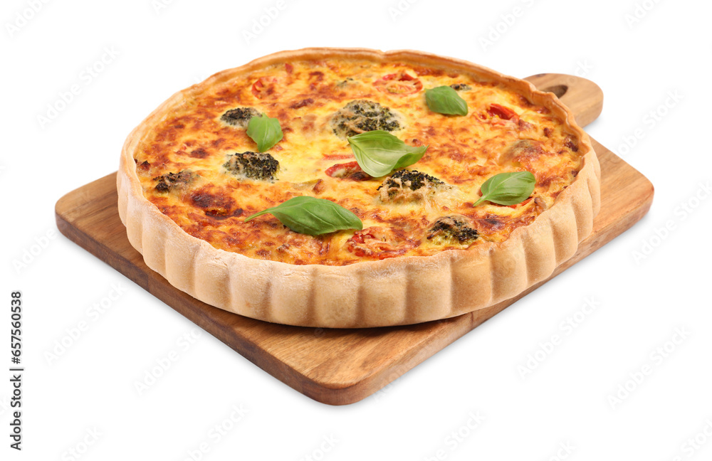 Delicious homemade vegetable quiche isolated on white Delicious homemade vegetable quiche isolated on white