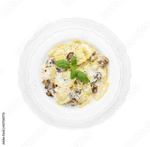 Delicious ravioli with tasty sauce and mushrooms isolated on white, top view