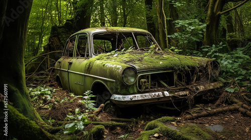 Old rusted car with moss in woods © Peter