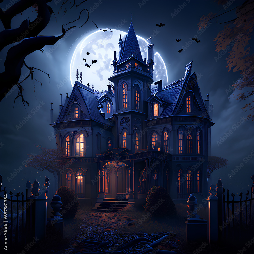 Haunted Manor:
Command: Generate an image of a decrepit, ancient manor bathed in moonlight with silhouettes of bats flying overhead and an eerie fog blanketing the ground.