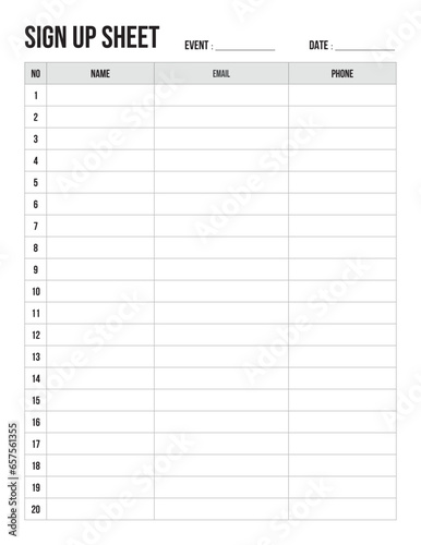 Sign Up Sheet Printable, template or event planning