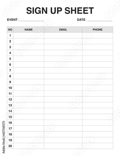 Sign Up Sheet, template for event planning printable