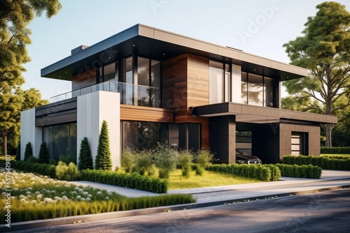 Front view modern architecture beautiful house exterior wallpaper AI Generated art © Indronath