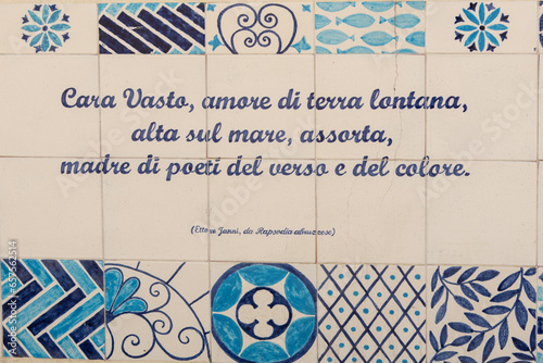 Vasto, 10-10-2023. Dear Vasto Love of a distant land, high above the sea, absorbed, mother of poets of verse and colour, Phrase by Ettore Janni on the marble of the balcony