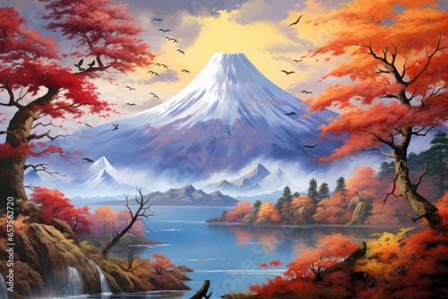 Vulcano Japan nature mountain with autumn leaves and mountain lake in spring. Generative Ai. © annamaria