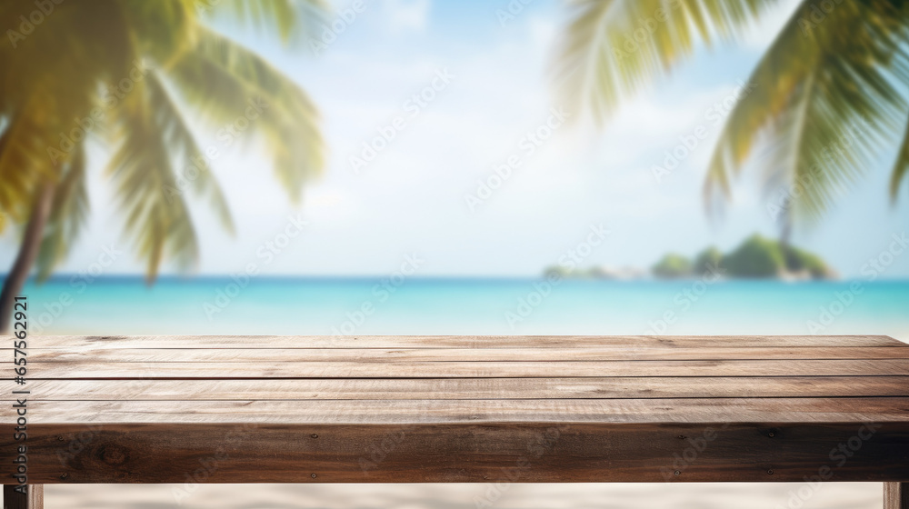 Summer Beach Retreat Wooden Tabletop Background Created with Generative AI