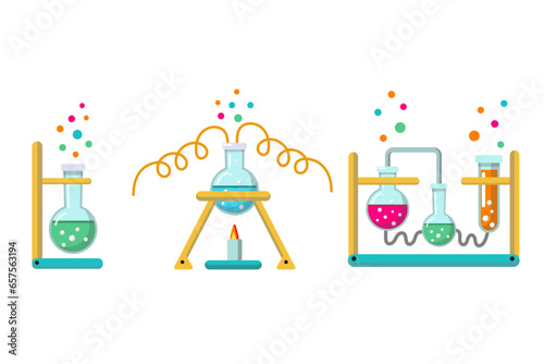 Set of chemical Laboratory elements with different glass flasks, vials, test-tubes.Experiment equipment. Lab research, testing, studies in chemistry in school. Flat vector illustration
