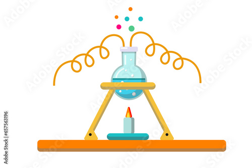 Glass flask with colorful liquid inside and candle under it, chemistry experiment equipment. Laboratory research, testing, studies in school. Flat vector illustration