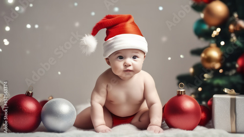 Baby mit weihnachtsmütze sitzt zwischen weihnachtlicher dekoration auf ienem teppich