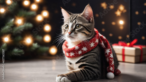 Katze mit weihnachtlichem Schal sitzt vor weihnachtlicher Deko