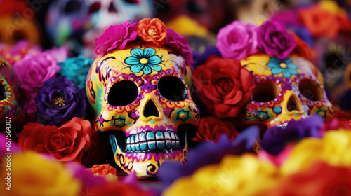 Day of the Dead Celebration with Sugar Skulls and Marigolds Created with Generative AI