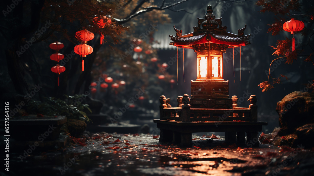 Mystical glow of a red lantern in a Chinese temple at night - obrazy, fototapety, plakaty 