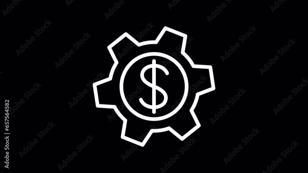 Gear and dolar sign. WHITE line icon animation on transparent background