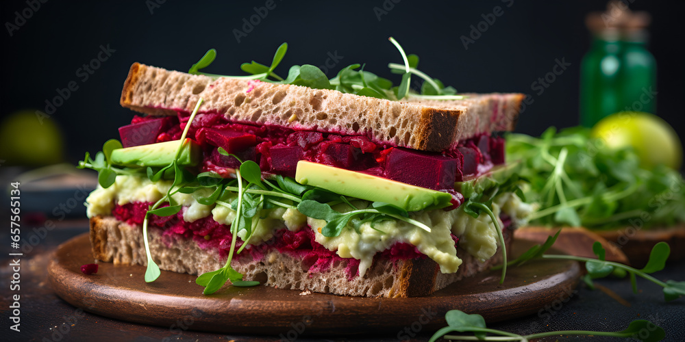 Vegan sandwiches with beetroot hummus.Vegetarian Canapes Pictures, salad and pasta - obrazy, fototapety, plakaty 
