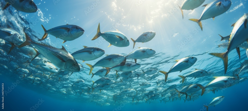 Fototapeta premium School of yellowfin tuna fish Generative AI technology. 