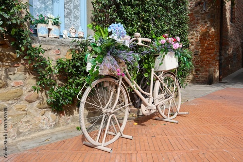 Rower w kwiatach na tle zielonych liści  © Katarzyna