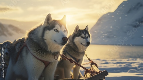 huskies pulling sled at the antartctica beautiful photo