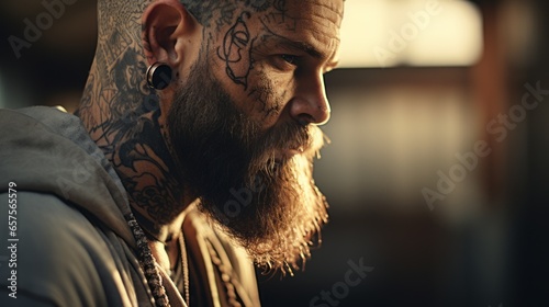 brutal man with tattoo in dim light