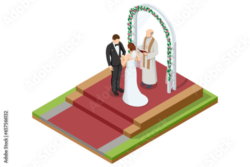 Isometric wedding couple and the priest are standing outdoors. The priest reads the text from the Bible. The wedding ceremony