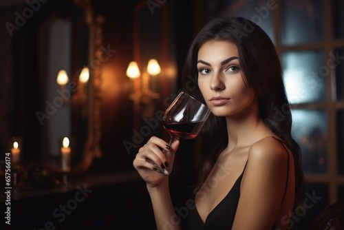 Young woman drinking. Beautiful girl by window. Generate AI