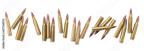 Set of many bullets on white background, top view