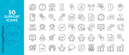 Support line icons set. Help, people, call, letter, message, consultation, operator, clock, time, mail, phone.Vector stock illustration.