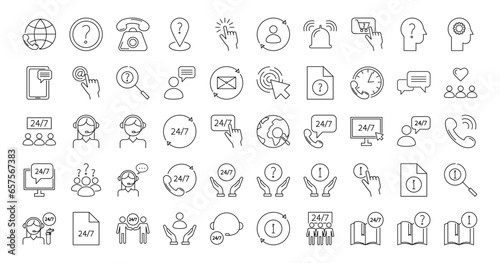 Support line icons set. Help, people, call, letter, message, consultation, operator, clock, time, mail, phone.Vector stock illustration.
