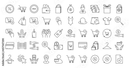 Shopping line icons set. Discounts, purchase, things, trolley, promotions, wallet, money, products, clothing, barcode, tag, price tag, hanger, buyer. Vector stock illustration. 