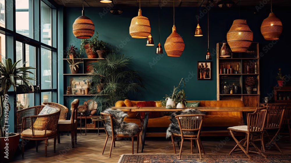 Boho-chic cafe corner with mismatched seating, rustic tables, and artisanal pottery. Colors: Caramel, moss green, and denim blue