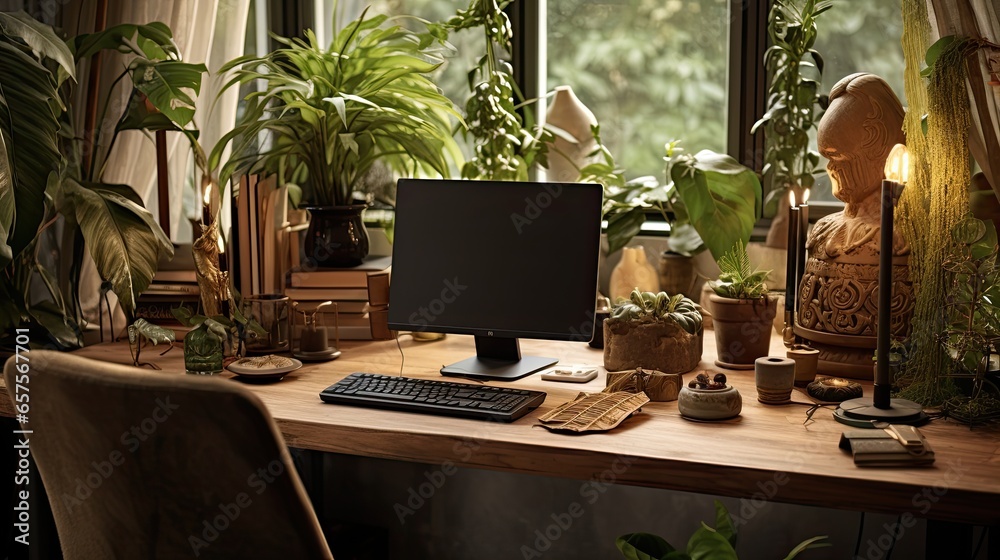 Workspace infused with boho vibes, featuring a carved wooden desk and hanging planters. Palette: Cocoa brown, olive, and gold