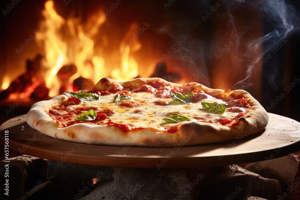 Close up front view of fresh hot pizza from retaurant oven, junk food. Generative Ai. Close up front view of fresh hot pizza from retaurant oven, junk food. Generative Ai.