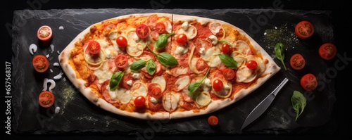 Close up front view of fresh hot pizza on black stone luxury table, junk food panorama. Generative Ai.