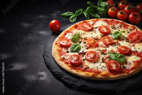 Close up front view of fresh hot pizza on black stone luxury table, junk food . Generative Ai.