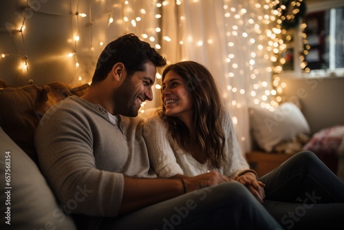 On a Diwali night, an Indian couple finds warmth and coziness as they relax on the couch with string lights Generative Ai © Umme